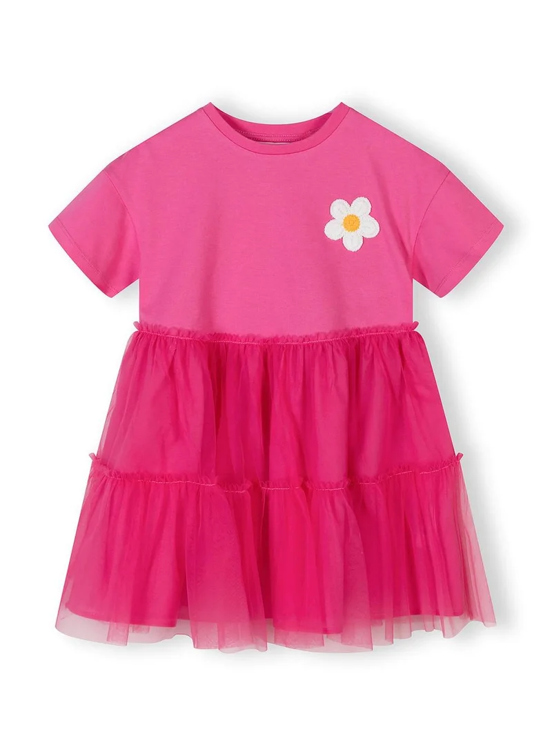 MINOTI Girls jersey dress pink tulle layered skirt crochet flower